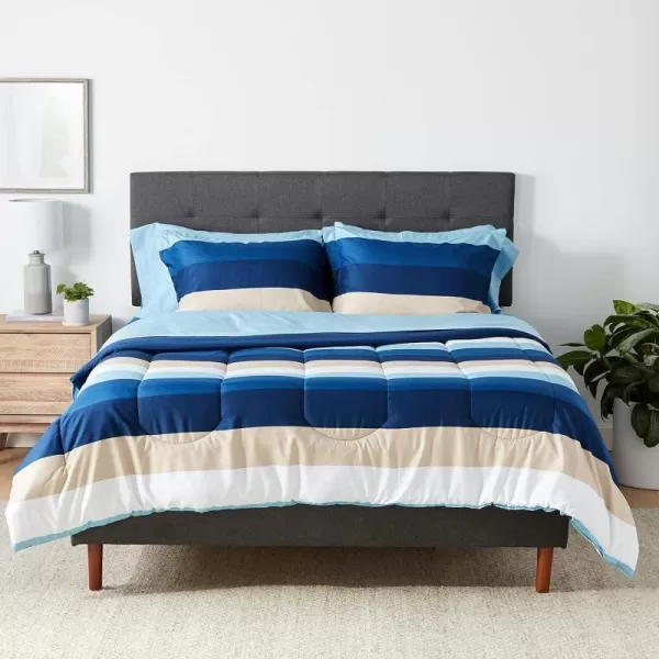 Amazon Basics Lightweight Microfiber BedinaBag Comforter 5Piece Bedding Set TwinTwin XL Navy with Simple PlaidBlue Stripe FullQueen