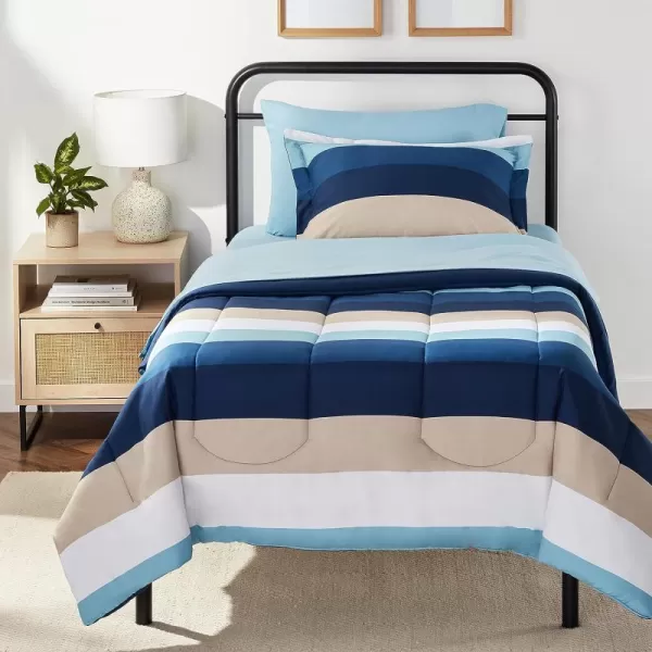 Amazon Basics Lightweight Microfiber BedinaBag Comforter 5Piece Bedding Set TwinTwin XL Navy with Simple PlaidBlue Stripe TwinTwin XL