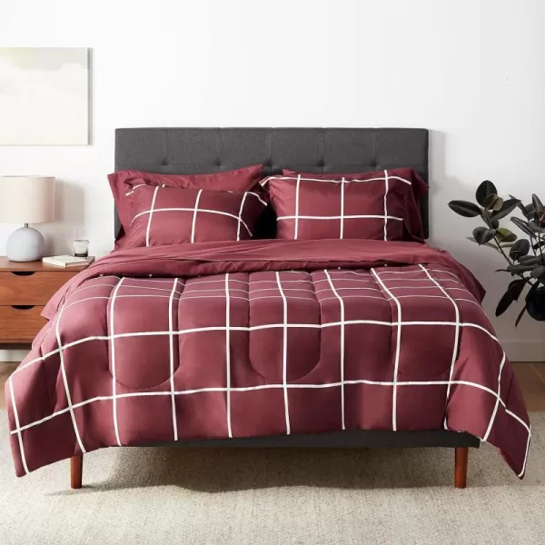 Amazon Basics Lightweight Microfiber BedinaBag Comforter 5Piece Bedding Set TwinTwin XL Navy with Simple PlaidBurgundy Simple Plaid Queen