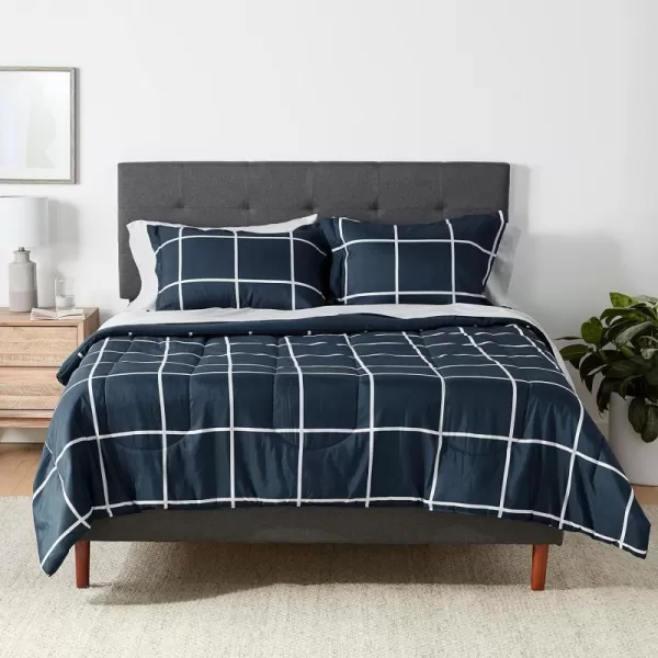 Amazon Basics Lightweight Microfiber BedinaBag Comforter 5Piece Bedding Set TwinTwin XL Navy with Simple PlaidNavy FullQueen