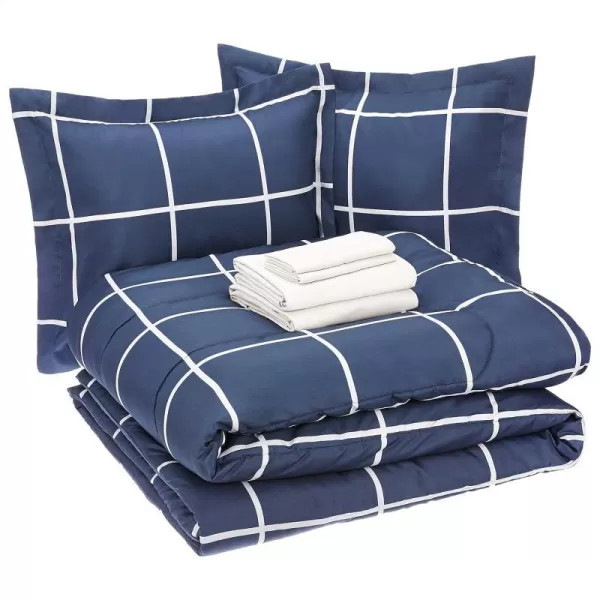 Amazon Basics Lightweight Microfiber BedinaBag Comforter 5Piece Bedding Set TwinTwin XL Navy with Simple PlaidNavy Simple Plaid King