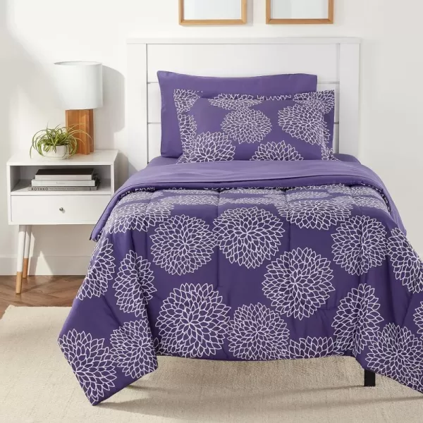 Amazon Basics Lightweight Microfiber BedinaBag Comforter 5Piece Bedding Set TwinTwin XL Navy with Simple PlaidPurple Floral TwinTwin XL