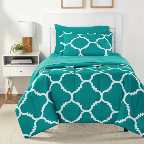 Amazon Basics Lightweight Microfiber BedinaBag Comforter 5Piece Bedding Set TwinTwin XL Navy with Simple PlaidTeal Trellis TwinTwin XL