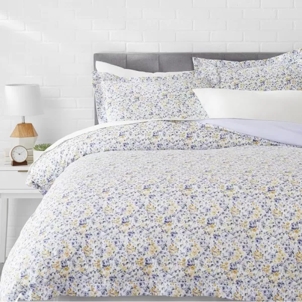 Amazon Basics Lightweight Microfiber Duvet Cover Set with Snap Buttons FullQueen Bright WhiteBlue Floral FullQueen Snap Buttons