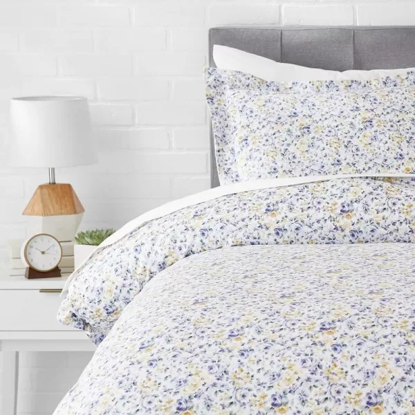 Amazon Basics Lightweight Microfiber Duvet Cover Set with Snap Buttons FullQueen Bright WhiteBlue Floral TwinTwin XL Snap Buttons