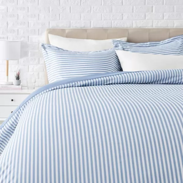 Amazon Basics Lightweight Microfiber Duvet Cover Set with Snap Buttons FullQueen Bright WhiteDusty Blue Pinstripe King Zipper