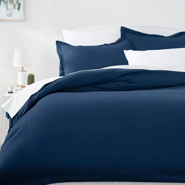 Amazon Basics Lightweight Microfiber Duvet Cover Set with Snap Buttons FullQueen Bright WhiteNavy Blue King Snap Buttons