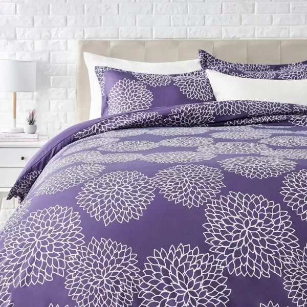 Amazon Basics Lightweight Microfiber Duvet Cover Set with Snap Buttons FullQueen Bright WhitePurple Floral FullQueen Zipper