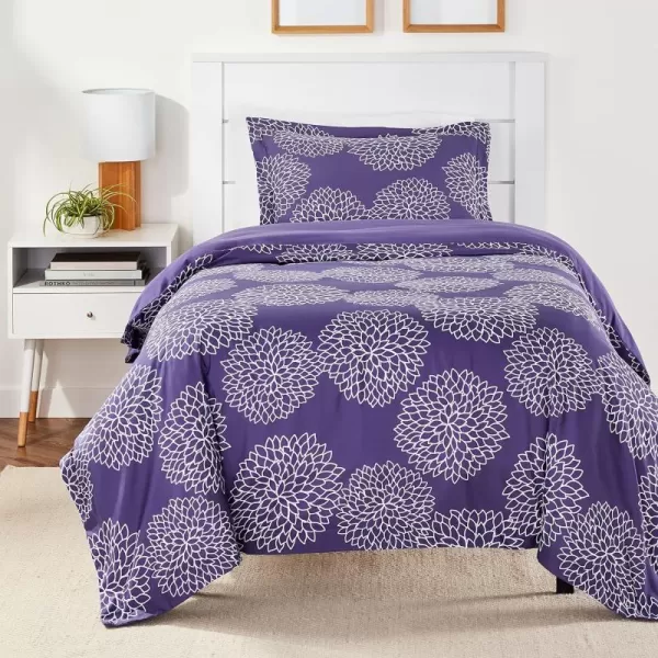 Amazon Basics Lightweight Microfiber Duvet Cover Set with Snap Buttons FullQueen Bright WhitePurple Floral TwinTwin XL Zipper