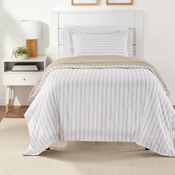 Amazon Basics Lightweight Microfiber Duvet Cover Set with Snap Buttons FullQueen Bright WhiteTaupe Stripe TwinTwin XL Zipper