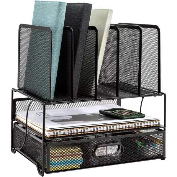 Amazon Basics Mesh Desk Organizer with Sliding Drawer Double Tray and 5 Upright Sections BlackAmazon Basics Mesh Desk Organizer with Sliding Drawer Double Tray and 5 Upright Sections Black