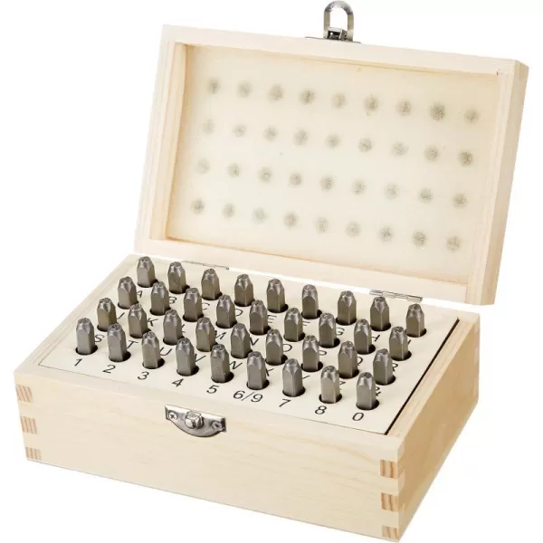 Amazon Basics Metal Alphabet and Number 36pc Stamp Kit with Wood Case 532 Inch532 Inch
