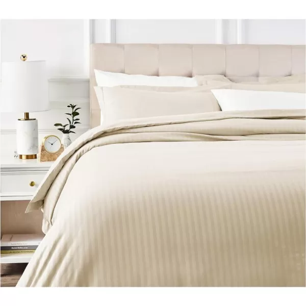 Amazon Basics Microfiber 3 Piece Duvet Cover Set FullQueen Bright White StripedBeige FullQueen