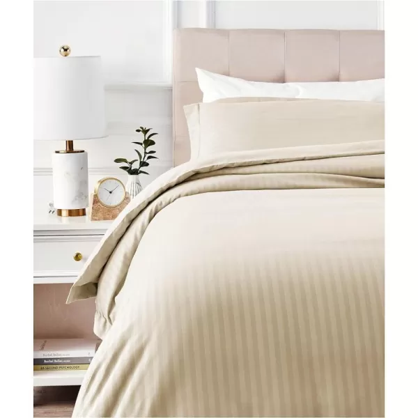 Amazon Basics Microfiber 3 Piece Duvet Cover Set FullQueen Bright White StripedBeige TwinTwin XL