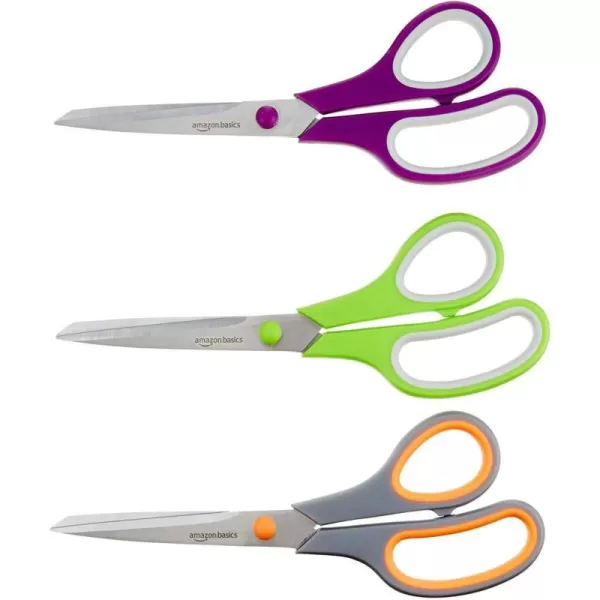 Amazon Basics Multipurpose Comfort Grip PVD Coated Stainless Steel Office Scissors 3Pack Purple Green amp Gray3Pack