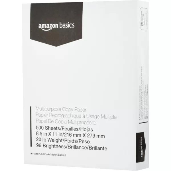 Amazon Basics Multipurpose Copy Printer Paper 20 Pound White 96 Brightness 85 x 11 Inch 1 Ream  500 Sheets Total1 Ream  500 Sheets
