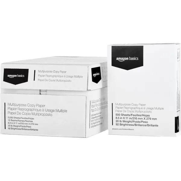 Amazon Basics Multipurpose Copy Printer Paper 85 x 11 20 lb 1 Ream 500 Sheets 92 Bright White10 Reams  5000 Sheets