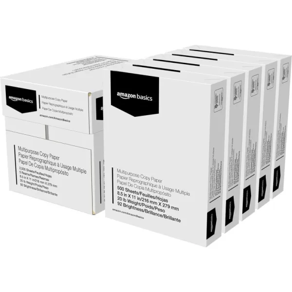 Amazon Basics Multipurpose Copy Printer Paper 85 x 11 20 lb 1 Ream 500 Sheets 92 Bright White5 Reams  2500 Sheets