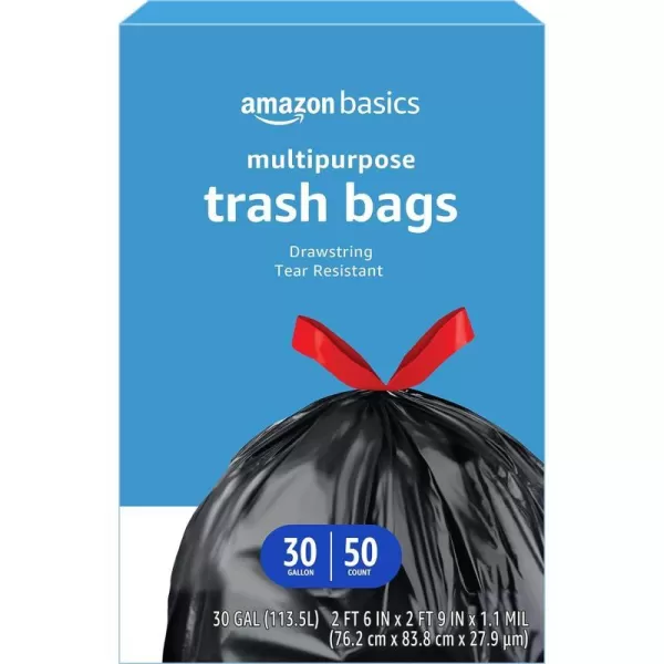 Amazon Basics Multipurpose Drawstring Trash Bags Unscented 30 Gallon 50 Count Previously Solimo50 Count Pack of 1