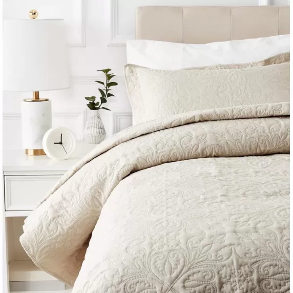 Amazon Basics Oversized Quilt Bed Set Embossed Coverlet and Sham  Twin Beige DiamondBeige Twin Floral