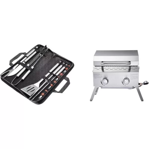 Amazon Basics Portable Propane Stainless Steel Tabletop Gas Grill 2 Burner11Piece Stainless Steel Barbeque Grilling Tool Set with Carry BagAmazon Basics Portable Propane Stainless Steel Tabletop Gas Grill 2 Burner11Piece Stainless Steel Barbeque Grilling Tool Set with Carry Bag