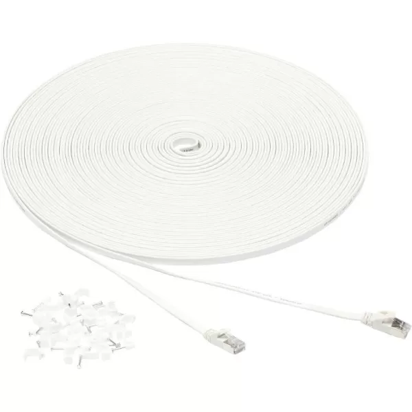 Amazon Basics RJ45 Cat 7 Ethernet Patch Cable Flat 600MHz Snagless Includes 15 Nails 30 Foot White100Foot White