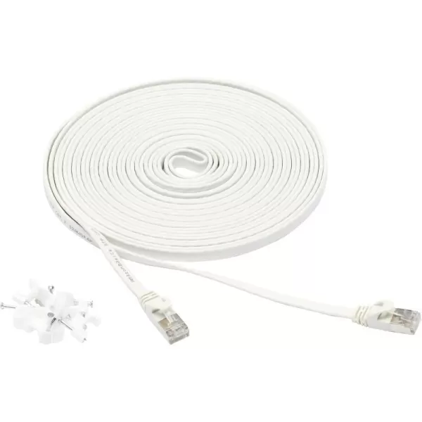 Amazon Basics RJ45 Cat 7 Ethernet Patch Cable Flat 600MHz Snagless Includes 15 Nails 30 Foot White25Foot White