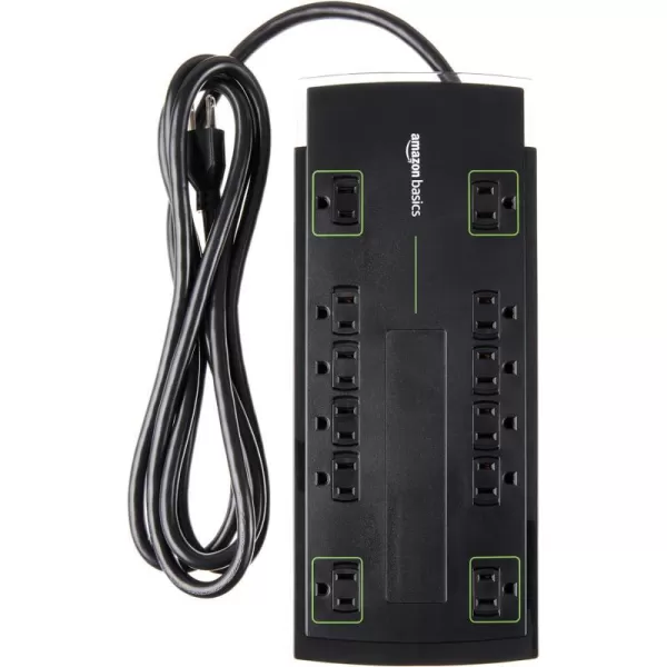 Amazon Basics Rectangular 12Outlet Power Strip Surge Protector  4320 Joule 10Foot Cord Black8Foot Cord