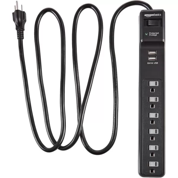 Amazon Basics Rectangular 6Outlet Surge Protector Power Strip with 2 USB Ports  1000 Joule Black 6 ftBlack