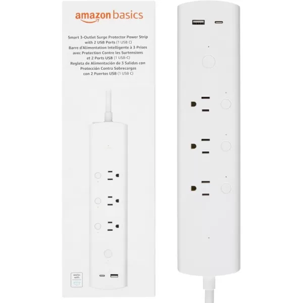 Amazon Basics Rectangular Smart Plug Power Strip Surge Protector with 3 Individually Controlled Outlets and 2 USB Ports 1 USB C 24 GHz WiFi Works with Alexa WhiteAmazon Basics Rectangular Smart Plug Power Strip Surge Protector with 3 Individually Controlled Outlets and 2 USB Ports 1 USB C 24 GHz WiFi Works with Alexa White