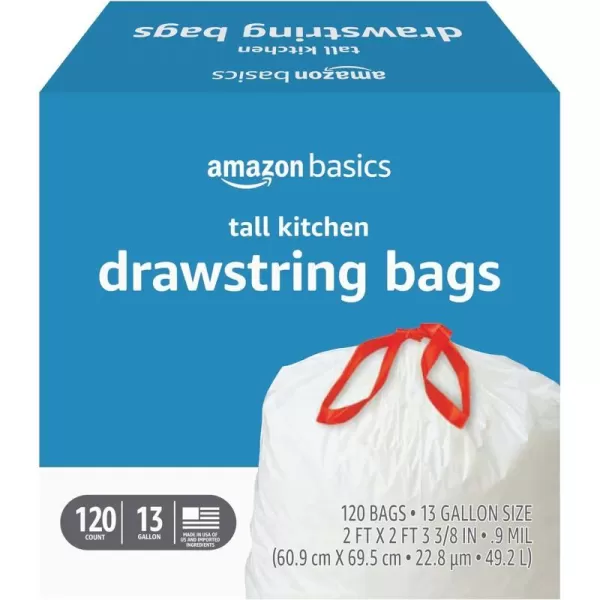 Amazon Basics Tall Kitchen Drawstring Trash Bags 13 Gallon Unscented 120 Count Previously Solimo120 Count Pack of 1