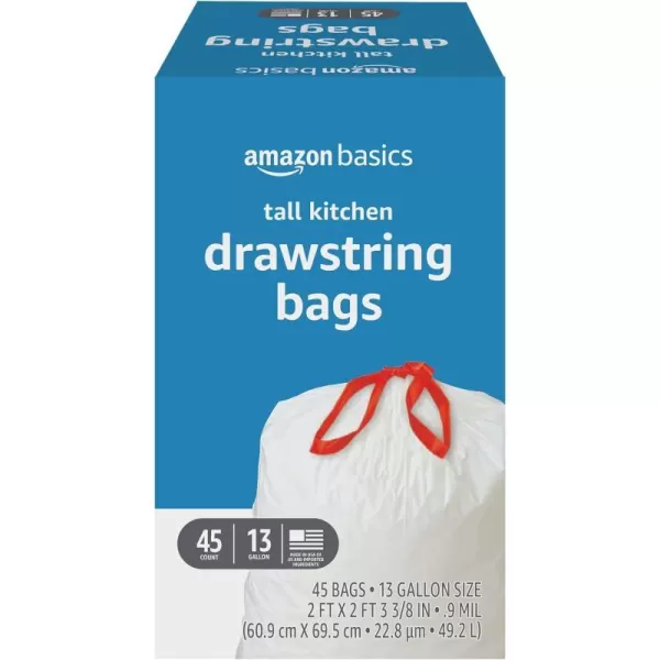 Amazon Basics Tall Kitchen Drawstring Trash Bags 13 Gallon Unscented 120 Count Previously Solimo45 Count Pack of 1