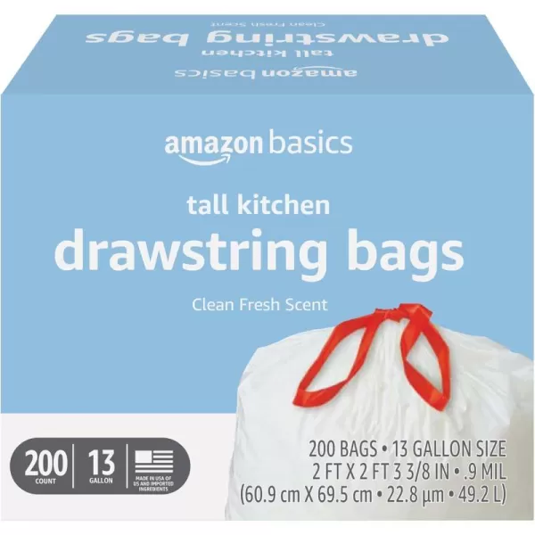 Amazon Basics Tall Kitchen Drawstring Trash Bags Clean Fresh Scent 13 Gallon 45 Count Previously SolimoClean Fresh 200 Count Pack of 1