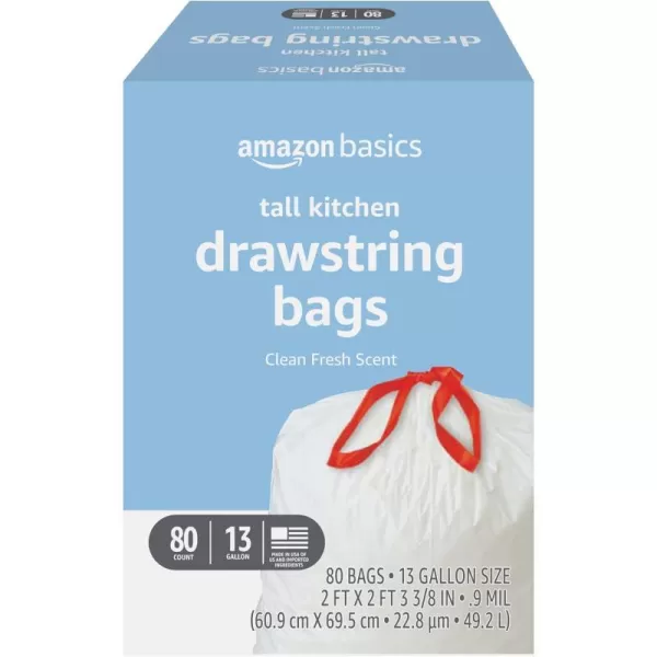 Amazon Basics Tall Kitchen Drawstring Trash Bags Clean Fresh Scent 13 Gallon 45 Count Previously SolimoClean Fresh 80 Count Pack of 1