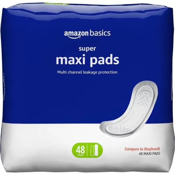 Amazon Basics Thick Maxi Pads for Periods Super Absorbency Unscented 48 Count 1 Pack Previously Solimo48 Count Pack of 1
