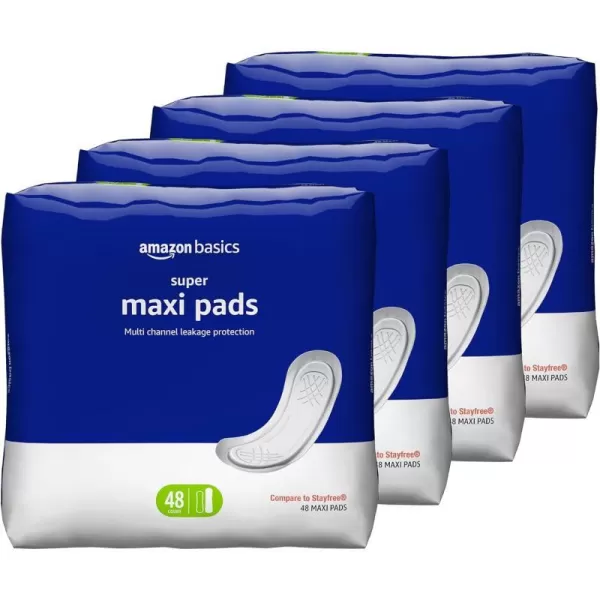 Amazon Basics Thick Maxi Pads for Periods Super Absorbency Unscented 48 Count 1 Pack Previously Solimo48 Count Pack of 4