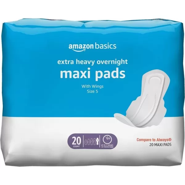 Amazon Basics Thick Maxi Pads with FlexiWings for Periods Extra Heavy Overnight Absorbency Unscented Size 5 20 Count 1 Pack Previously Solimo20 Count Pack of 1