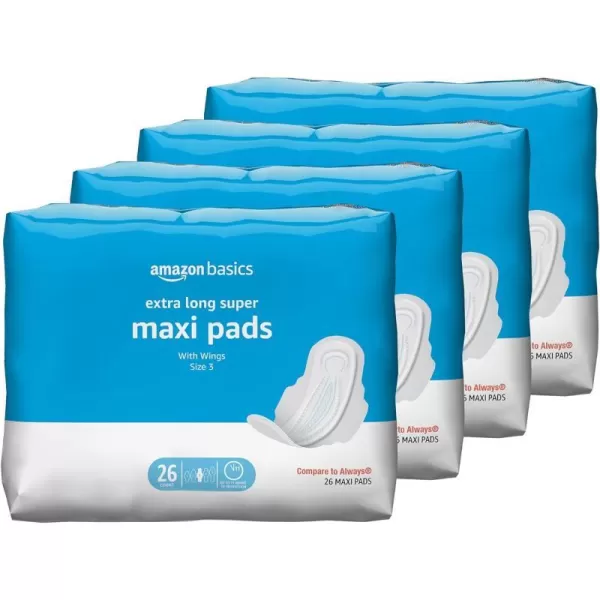 Amazon Basics Thick Maxi Pads with FlexiWings for Periods Extra Heavy Overnight Absorbency Unscented Size 5 20 Count 1 Pack Previously Solimo26 Count Pack of 4