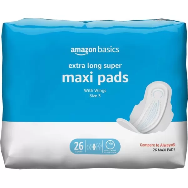 Amazon Basics Thick Maxi Pads with FlexiWings for Periods Extra Heavy Overnight Absorbency Unscented Size 5 20 Count 1 Pack Previously Solimo26 Count Pack of 1