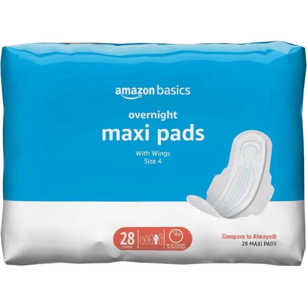 Amazon Basics Thick Maxi Pads with FlexiWings for Periods Extra Heavy Overnight Absorbency Unscented Size 5 20 Count 1 Pack Previously SolimoSize 4