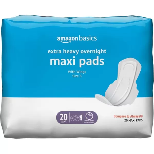 Amazon Basics Thick Maxi Pads with FlexiWings for Periods Extra Heavy Overnight Absorbency Unscented Size 5 20 Count 1 Pack Previously SolimoSize 5