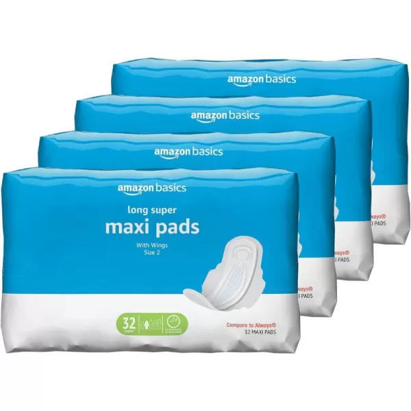 Amazon Basics Thick Maxi Pads with FlexiWings for Periods Long Length Super Absorbency Unscented Size 2 32 Count 1 Pack Previously Solimo32 Count Pack of 4