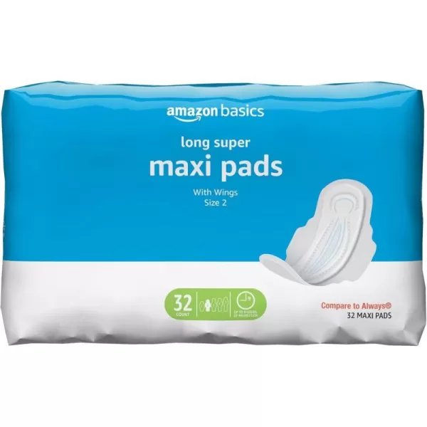 Amazon Basics Thick Maxi Pads with FlexiWings for Periods Long Length Super Absorbency Unscented Size 2 32 Count 1 Pack Previously Solimo32 Count Pack of 1