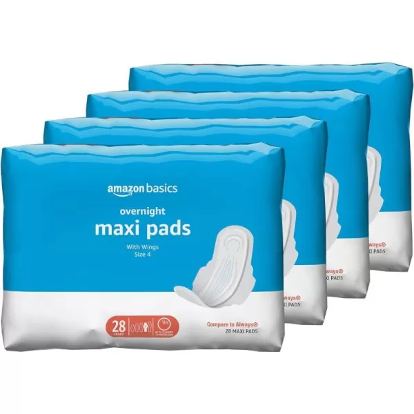 Amazon Basics Thick Maxi Pads with FlexiWings for Periods Regular Absorbency Unscented Size 1 144 Count 4 Packs of 36 Previously Solimo28 Count Pack of 4