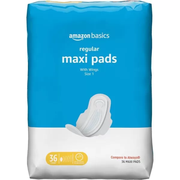 Amazon Basics Thick Maxi Pads with FlexiWings for Periods Regular Absorbency Unscented Size 1 144 Count 4 Packs of 36 Previously Solimo36 Count Pack of 1