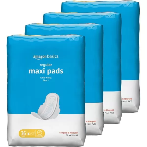 Amazon Basics Thick Maxi Pads with FlexiWings for Periods Regular Absorbency Unscented Size 1 144 Count 4 Packs of 36 Previously Solimo36 Count Pack of 4