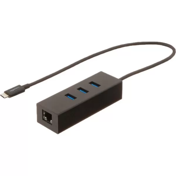 Amazon Basics USB 31 TypeC to 3 Port USB Hub with Ethernet Adapter  BlackBlack 1Pack Cable