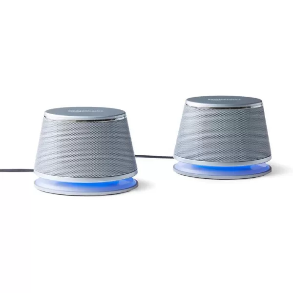 Amazon Basics USB PlugnPlay Computer 2 Speakers For PC or Laptop 1 Pair Set of 2 Silver with Blue LED Light2 Speakers Silver