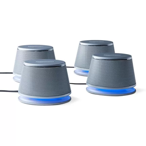 Amazon Basics USB PlugnPlay Computer 2 Speakers For PC or Laptop 1 Pair Set of 2 Silver with Blue LED Light4 Speakers Silver