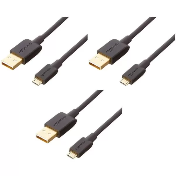 Amazon Basics USBA to Micro USB Fast Charging Cable 480Mbps Transfer Speed with GoldPlated Plugs USB 20 3 Foot Black3 Feet 3 Pack